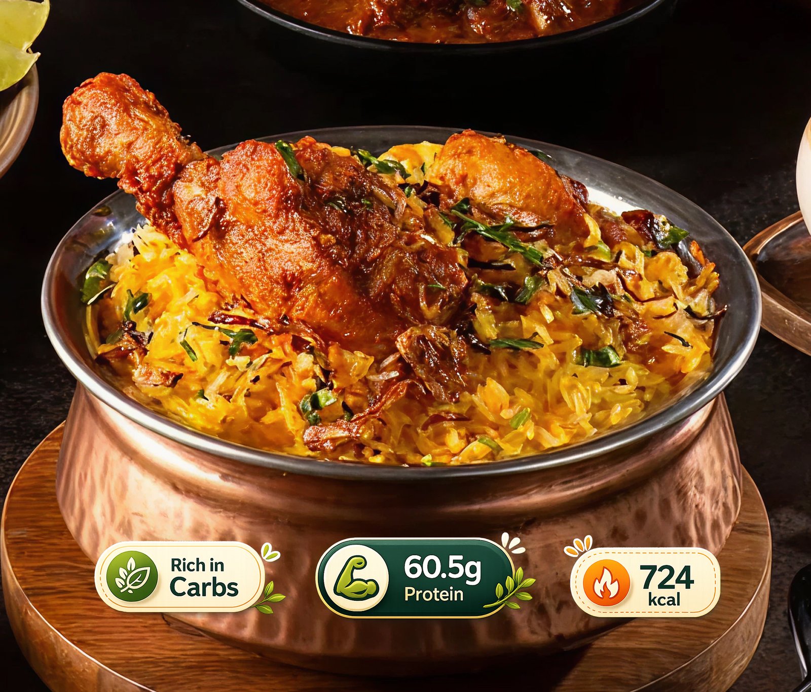 Chicken biryani served in a traditional copper handi
