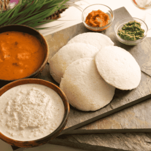 Soft, Steamed Idlis with Sambhar & Coconut Chutney
