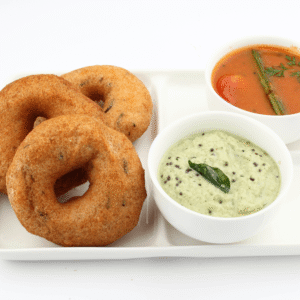 Medu Vada with Sambhar & Coconut Chutney (Crispy Lentil Doughnuts with Spiced Lentil Soup & Coconut Chutney)